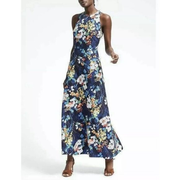 BANANA REPUBLIC Bold Floral MAXI DRESS Women’s Size 0 Blue Print NWT - Picture 1 of 11